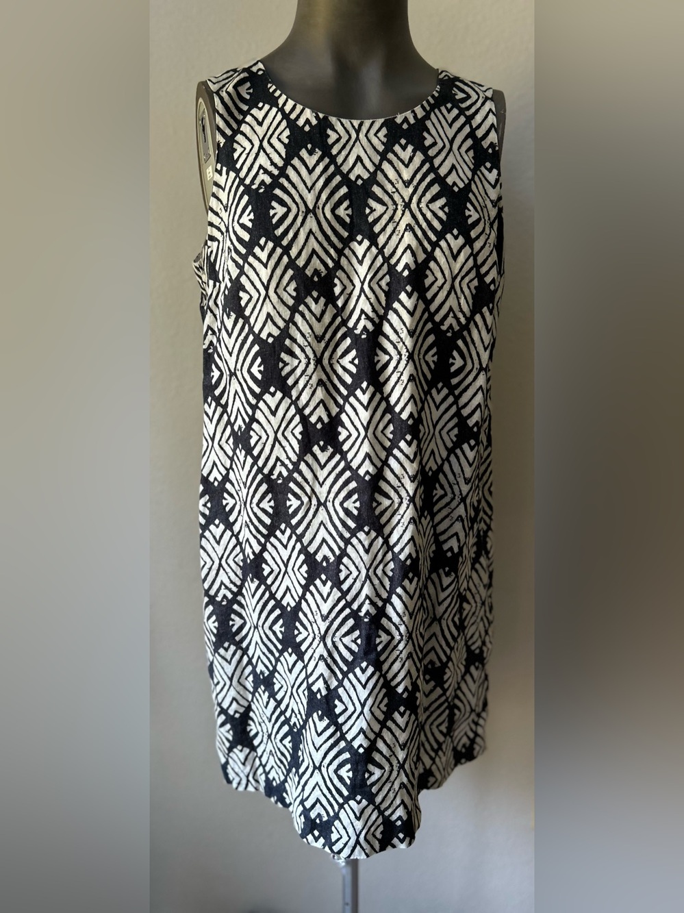 J. Jill 100% Linen Navy Blue & White Geometric Sleeveless Shift Dress (16P)